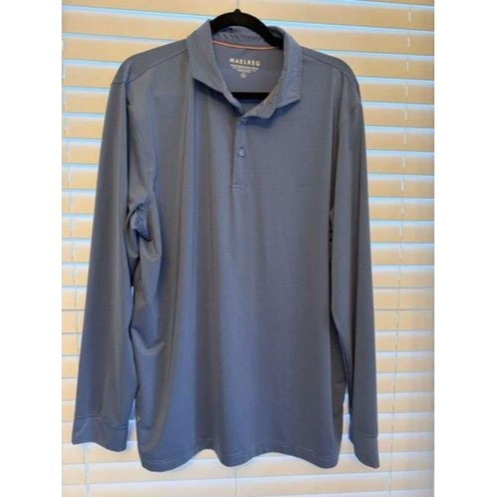 MAELREG Performance Polo Men’s Blue Striped Long Sleeve Stretch Polo XL
